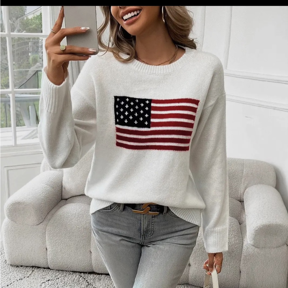 Elegant White Sweater with American Flag Design